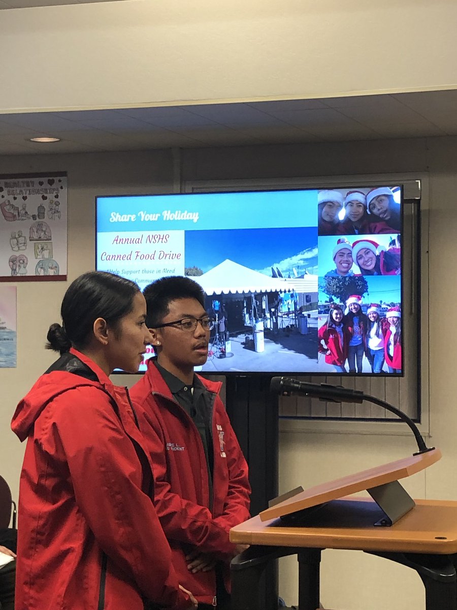 SUHSDofficial's tweet photo. @nshs_asb students Aundre Labrador & Anna Payongayong present to the board. Highlights include canned food drive, PBIS awards, incoming 9th grader night, Women and Girls in Sports luncheon and prom. Lots going on in #VikingWorld https://t.co/WFSrlt6Pod