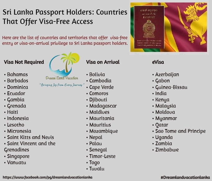 Twitter 上的 Dreamland Vacation Lanka："Countries That Offer Visa-Free Access  for Sri Lanka Passport Holders. Here are the list of countries and  territories that offer visa free entry or visa on arrival privilege