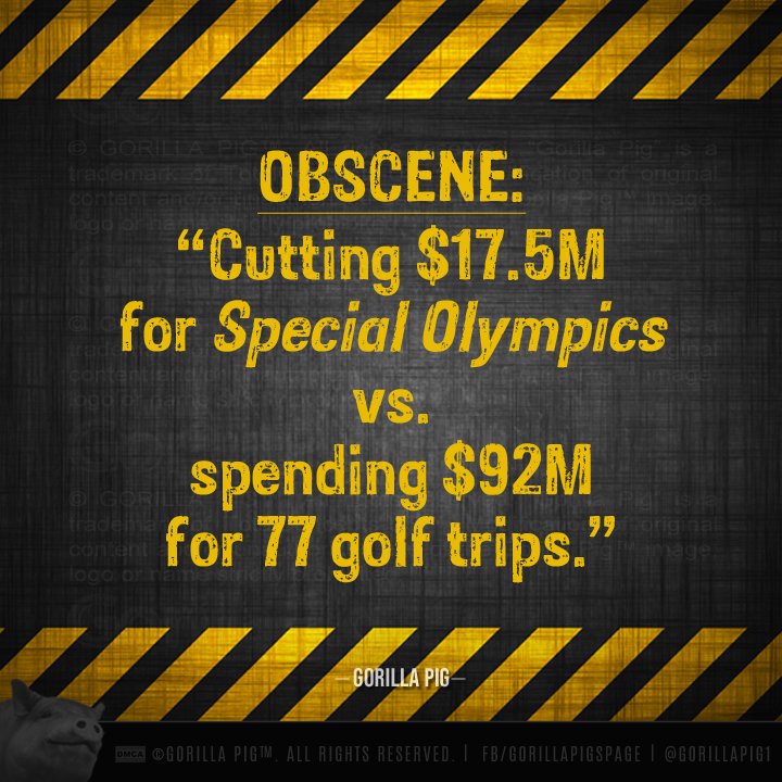 Obscene: the cost of the #SpecialOlympics v. the cost of #TrumpGolfing!!!

#BetsyDeVos #PublicEducation #EducationJustice #EducationBudget #TrumpGolf
Source: Trump Golf Count

Please follow @GorillaPig1 and retweet the bacon!!!