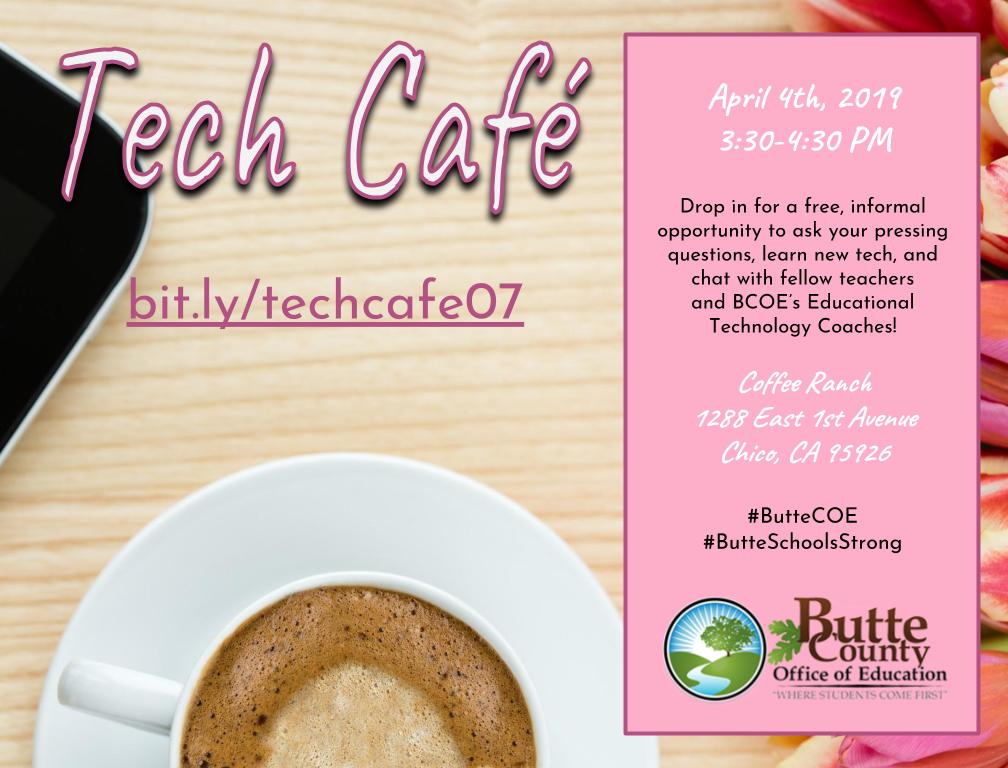 edtechbcoe's tweet photo. April's Tech Café is happening in Chico! Come join us at Coffee Ranch (across from In Motion) on April 4th from 3:30-4:30 PM! Grab a drink and let's chat tech in the classroom! https://t.co/XtF1kNPVpp ☕️ #ButteCOE #ButteSchoolsStrong https://t.co/Rx8kcBEqVn