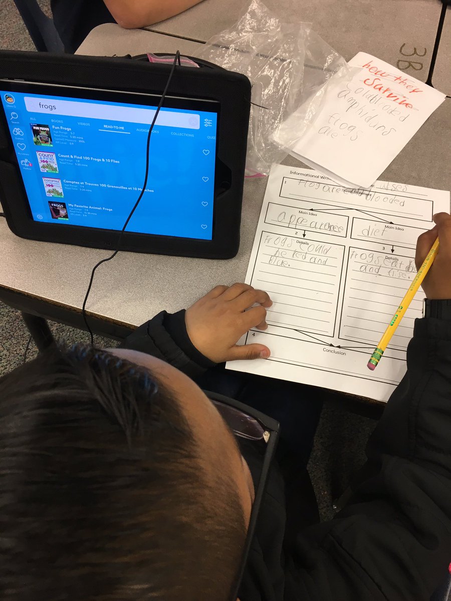 kcmommyoftwo's tweet photo. 1st graders using two sources to learn about frogs. They determined two main ideas, took notes, &amp; now planning their informational report #olivepride https://t.co/rSur44fZzz