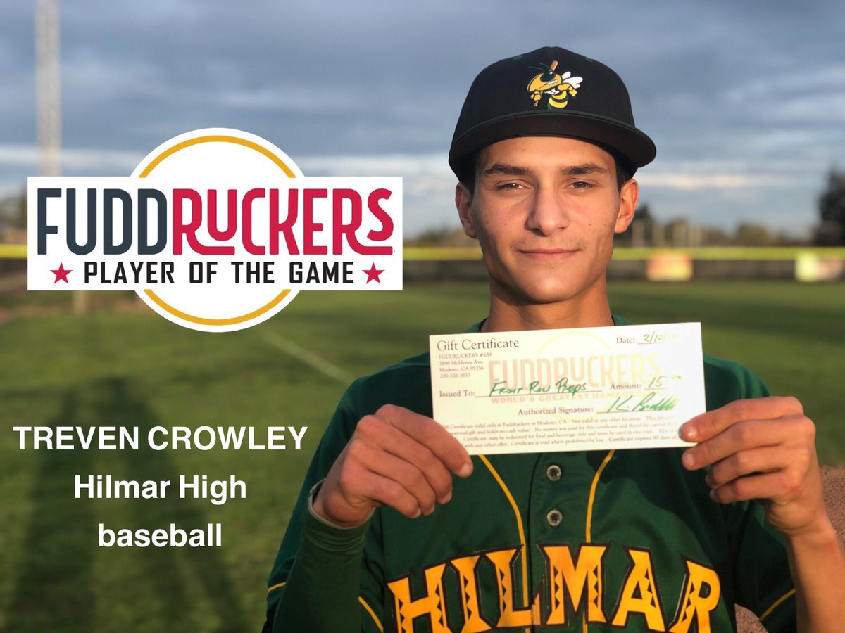 Front Row Preps (@frontrowpreps) on Twitter photo Congratulations to Hilmar’s Treven Crowley, the <a href="/fuddruckers/">Fuddruckers</a> Player of the Game, who earned the victory while going 1-for-4 with a two-run double in an 11-4 victory over previously unbeaten Hughson <a href="/HilmarHigh/">Hilmar High School</a> Congratulations to Hilmar’s Treven Crowley, the <a href="/fuddruckers/">Fuddruckers</a> Player of the Game, who earned the victory while going 1-for-4 with a two-run double in an 11-4 victory over previously unbeaten Hughson <a href="/HilmarHigh/">Hilmar High School</a>