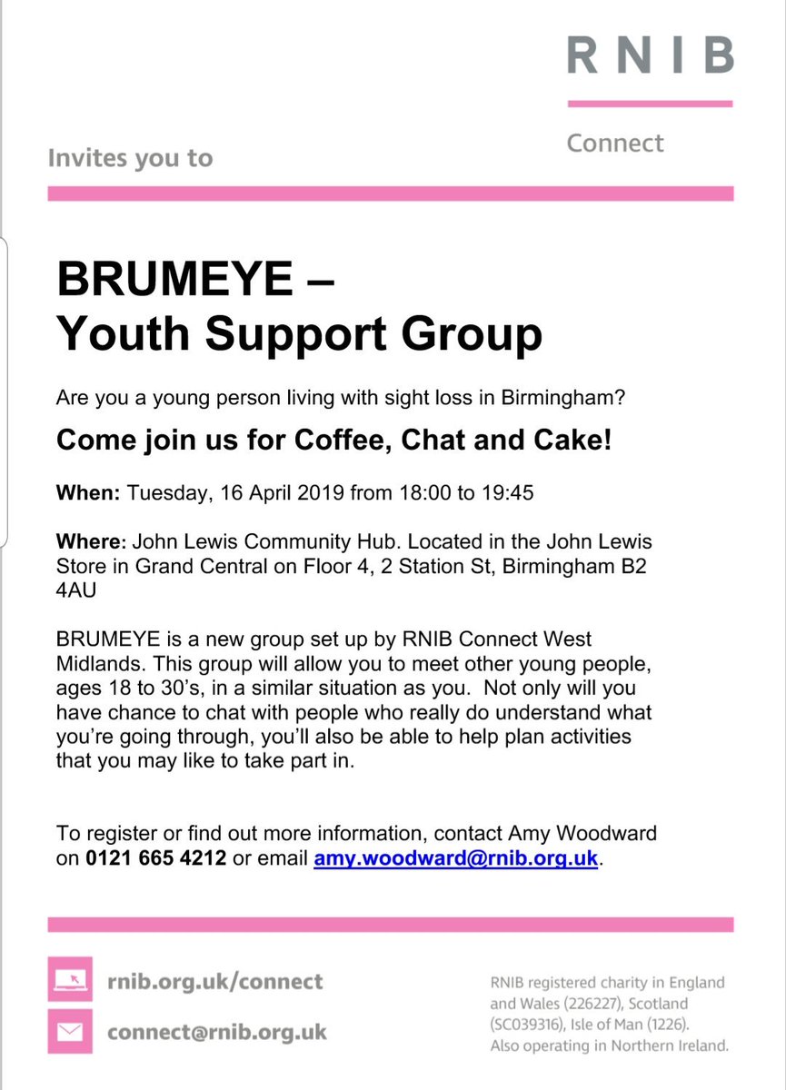 Our first @RNIB Connect young leaders group “BRUMEYE” will be held on 16th April 2019, 18.00 at the John Lewis Community room. 

#rnibconnectradio #rnib #sightloss #ability #visionloss #peersupport  #socialise #reducingisolation #community   #brumeye #seedifferently