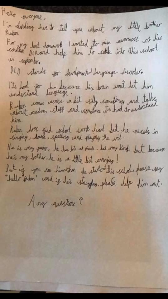 Afasic's tweet image. Here’s how a child explains his little brother’s Developmental Language Disorder (DLD) to his classmates and asks them to understand and help him.  #DLD