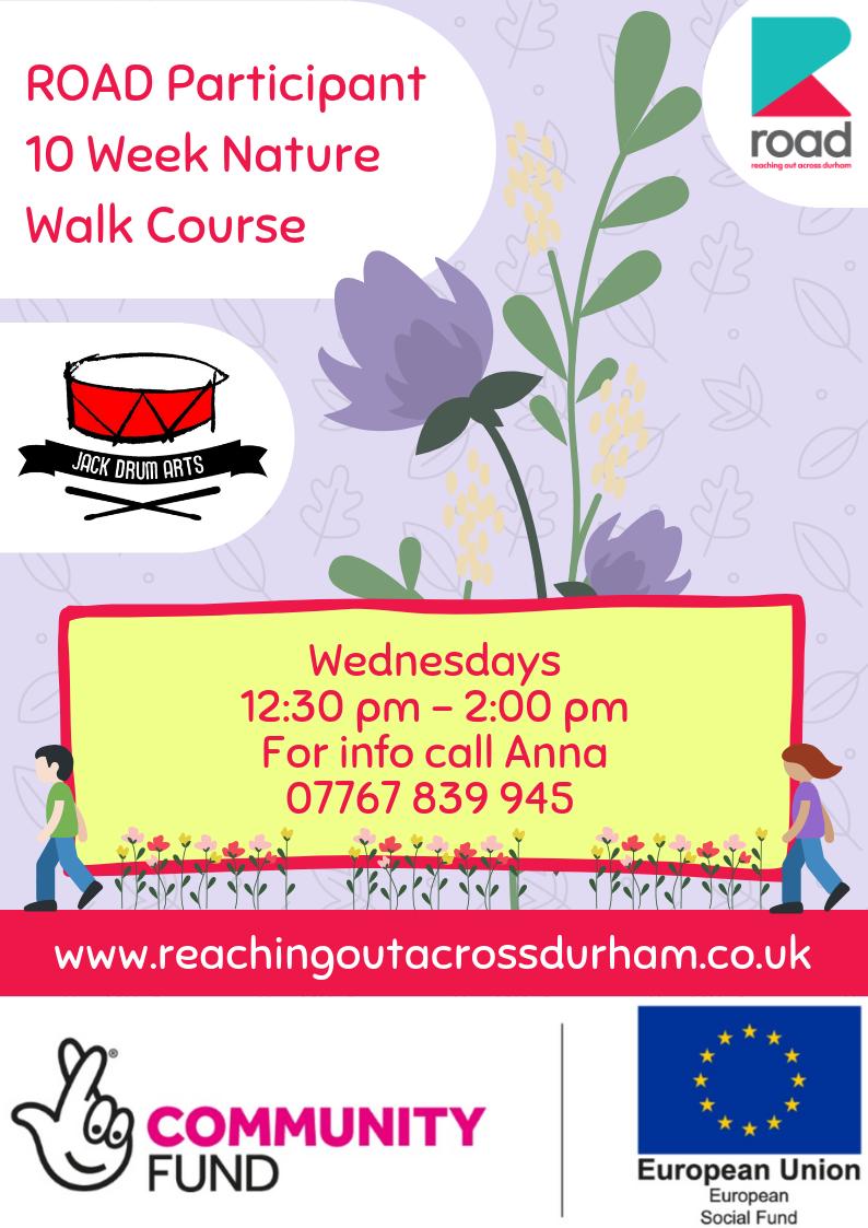 roaddurham's tweet photo. ROAD @GWKNE Participant 10-wk Nature Walk course continues today with Anna @jackdrumarts. Tel 07767 839 945 for info. ROAD is funded by @TNLCommFund helping those aged 25 and above out of work in Durham to FIND THEIR POTENTIAL. https://t.co/Cf2w3nVi23