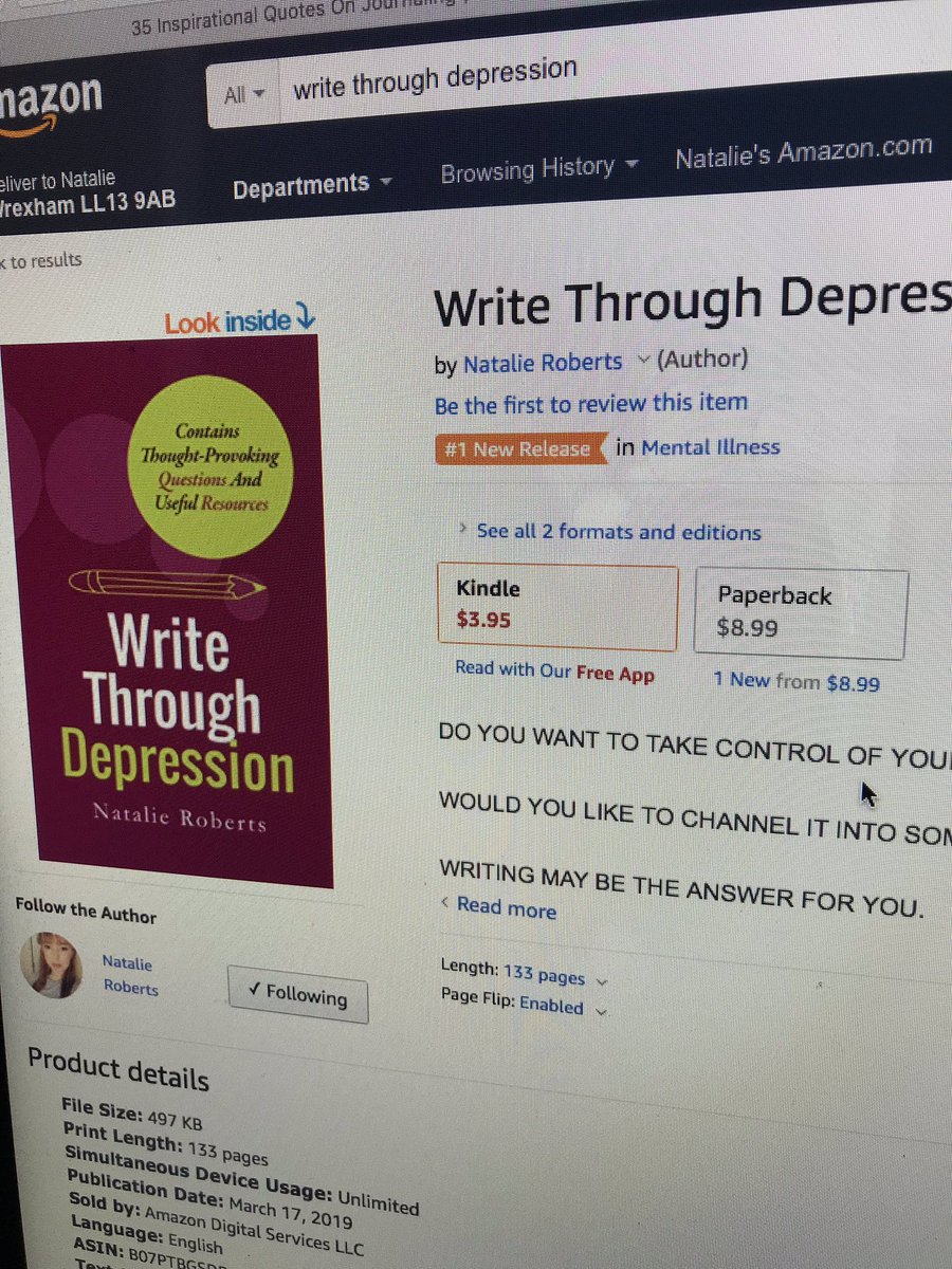 Natalieroberts1's tweet photo. Ahh the book has hit #1 in new releases. Thank you so much everyone who’s bought the book. I keep saying it, but this means the world to me. I made a dream come true, FINALLY! Write Through Depression https://t.co/m3zpS8dvBS #depressionhelp #mentalhealthawareness #selfcare https://t.co/qbpTe1NLjI