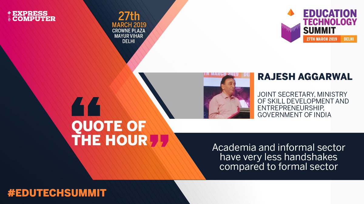 ExpComputer's tweet photo. #EduTechSummit Quote of the Hour | Academia and informal sector have very less handshakes compared to formal sector~ Rajesh Aggarwal, Jt Sec, Ministry of Skill Development and Entrepreneurship, Govt of India @srikrp @NivedanPrakash @awscloud @ArubaNetworks @StanChartIN https://t.co/ZNQvAXfLVC