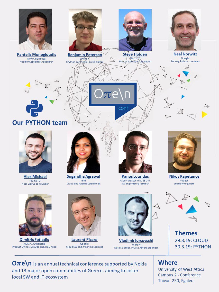 open_conf's tweet photo. Meet our PYTHON team.
You can learn more about our speakers at:
https://t.co/HxCH2BFufc

The speaker schedule can be found here:
https://t.co/qtMCRlWBMN   

#Cloud #Docker #Kubernetes #OpenStack #Python #MachineLearning #Athens #Greece https://t.co/9tU5owqZjv