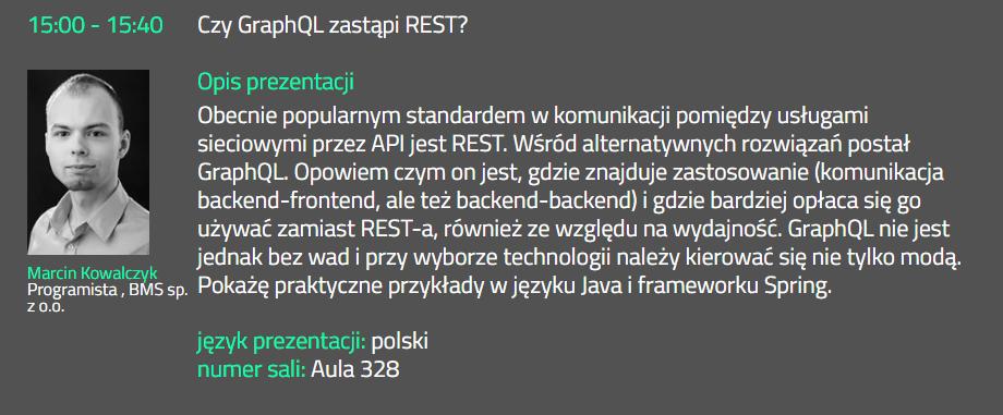 BMS_devs's tweet photo. Zapraszamy na prelekcję "Czy GraphQL zastąpi REST?" naszego kolegi Marcina Kowalczyka na #WDI2019 dzisiaj o godzinie 15:00! https://t.co/0LgxW5nEFX