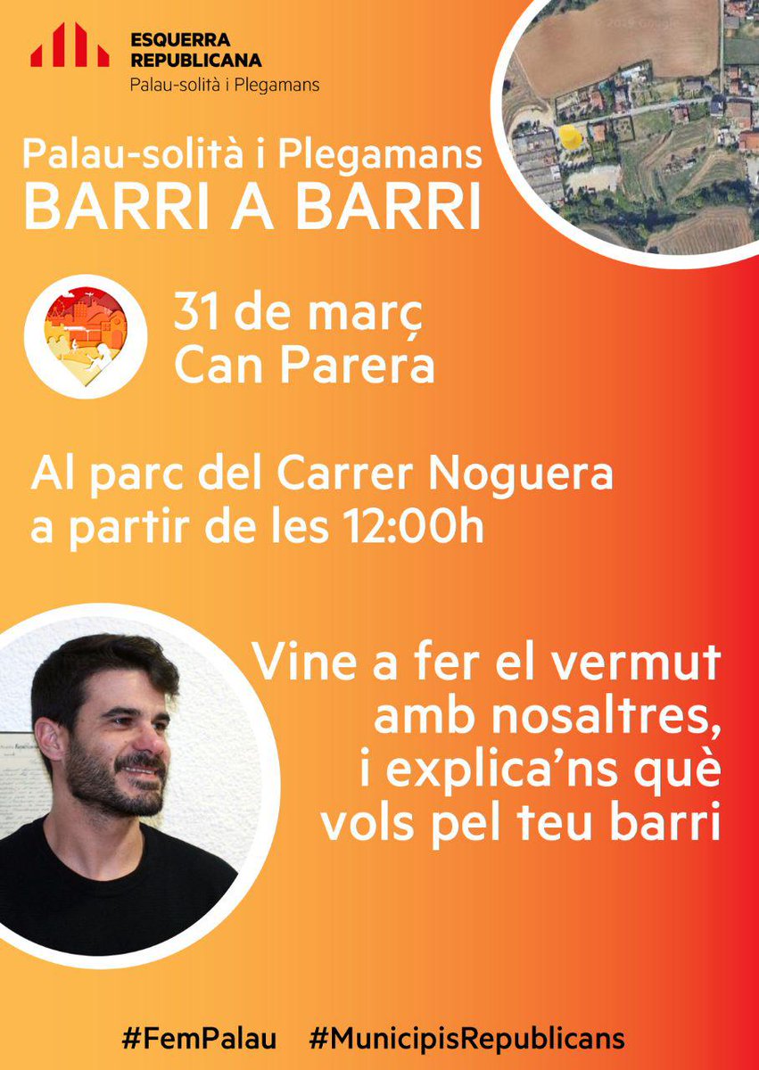 ERCPalau's tweet photo. 👋🏻 Bon dia! Seguim recorrent els barris, i per això el diumenge 📅 31 de març ens trobareu a Can Parera, concretament al 📍 parc del carrer de la Noguera a partir de les 12h.

Fem avançar els barris per fer avançar el municipi! 🏘 #BarriaBarri #FemPalau https://t.co/fZgJTtpUJm