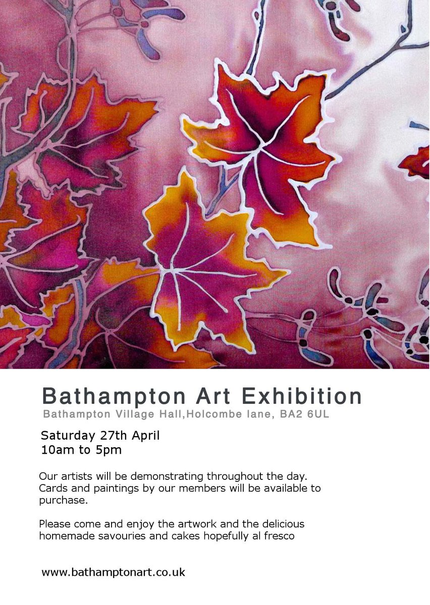 There  will be fabulous art on show and to purchase at our Bathampton Art Group exhibition  on Saturday 27th April, 10 til 5pm in Bathampton Village Hall. Also refreshments and demonstrations throughout the day. Hope to see you there!