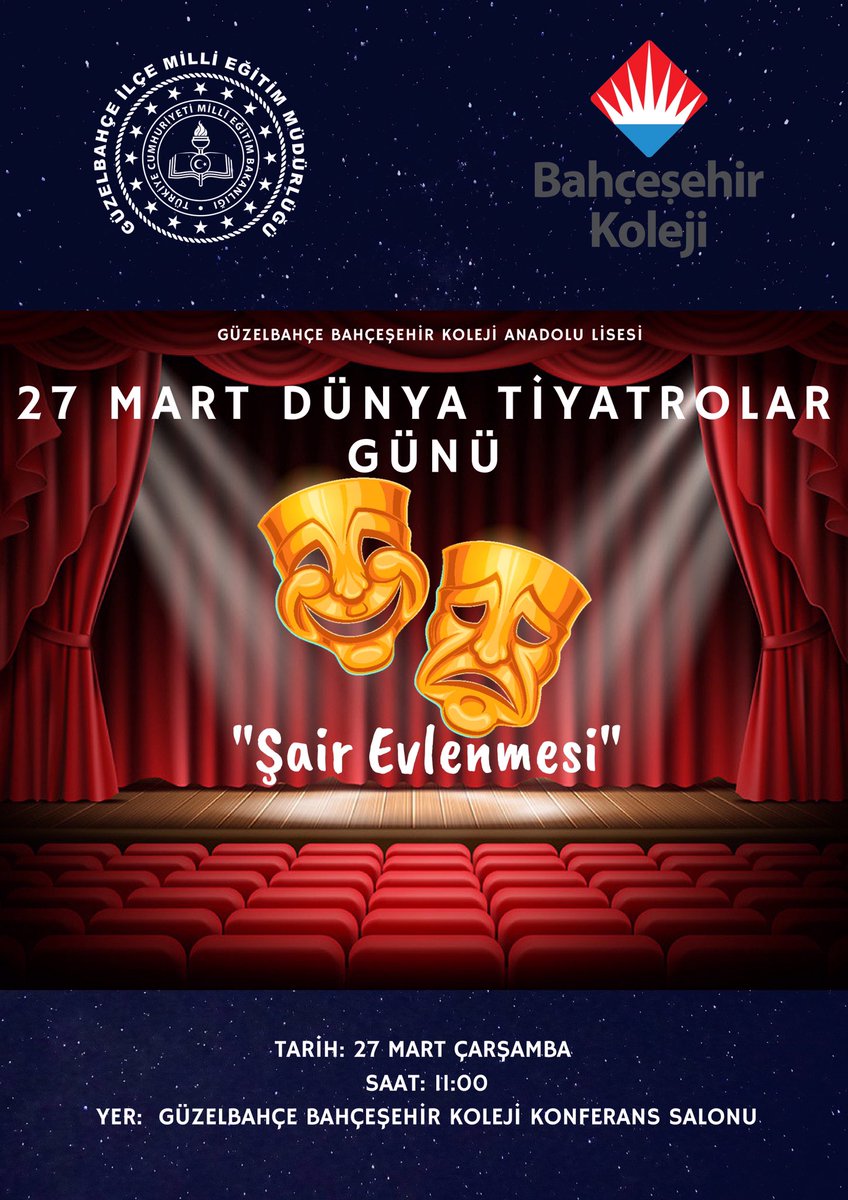 27 Mart Dünya Tiyatrolar Günü’ne özel öğrencilerimizin büyük emekle sahneye koyduğu, yazarlığını ve yönetmenliğini @TOLU78 öğretmenimizin üstlendiği tiyatro oyunu “Şair Evlenmesi: Şamata” izleyen misafirlerimizden ve öğrencilerimizden büyük ilgi gördü. #27MartDünyaTiyatrolarGünü