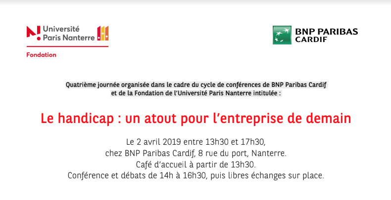 CardifLab's tweet photo. Le handicap, un atout pour l'entreprise de demain ! Une conférence par @bnpp_cardif et la Fondation @UParisNanterre. RDV le 2 avril ! Plus d'infos et inscription => https://t.co/u7Q6kqBz5T #HandiPlus https://t.co/9Wm6qZAJGI