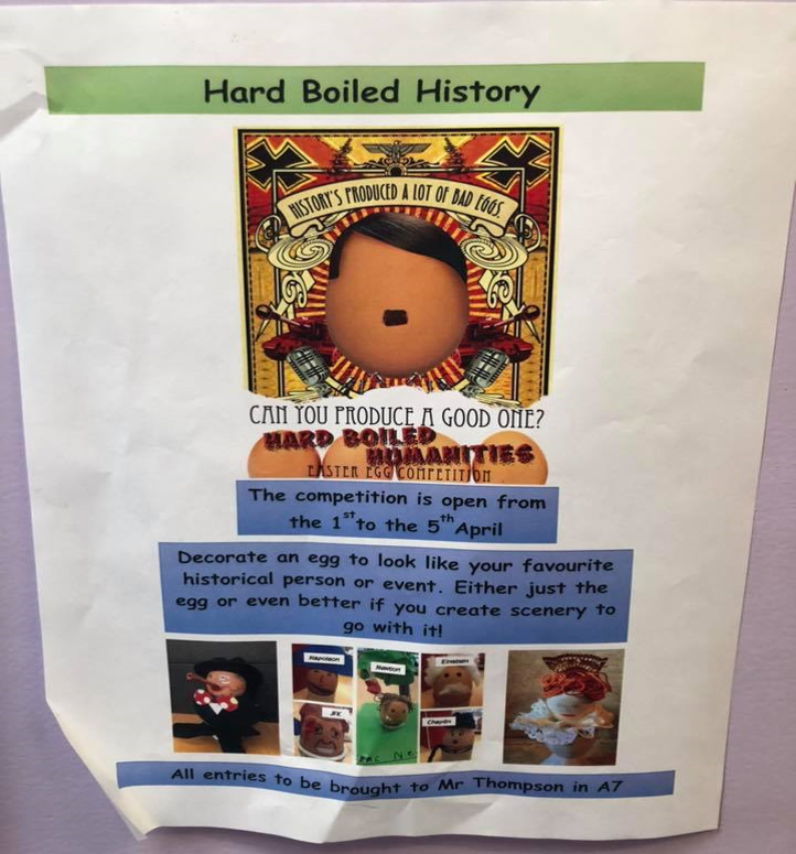 HTCSharman's tweet photo. InterHouse Competition coming up - Get your creative hats on!!! Design an egg and submit it by next Friday 5th April!!! #collaborate #compete #celebrate @hightunstall https://t.co/AgqbuZrorr