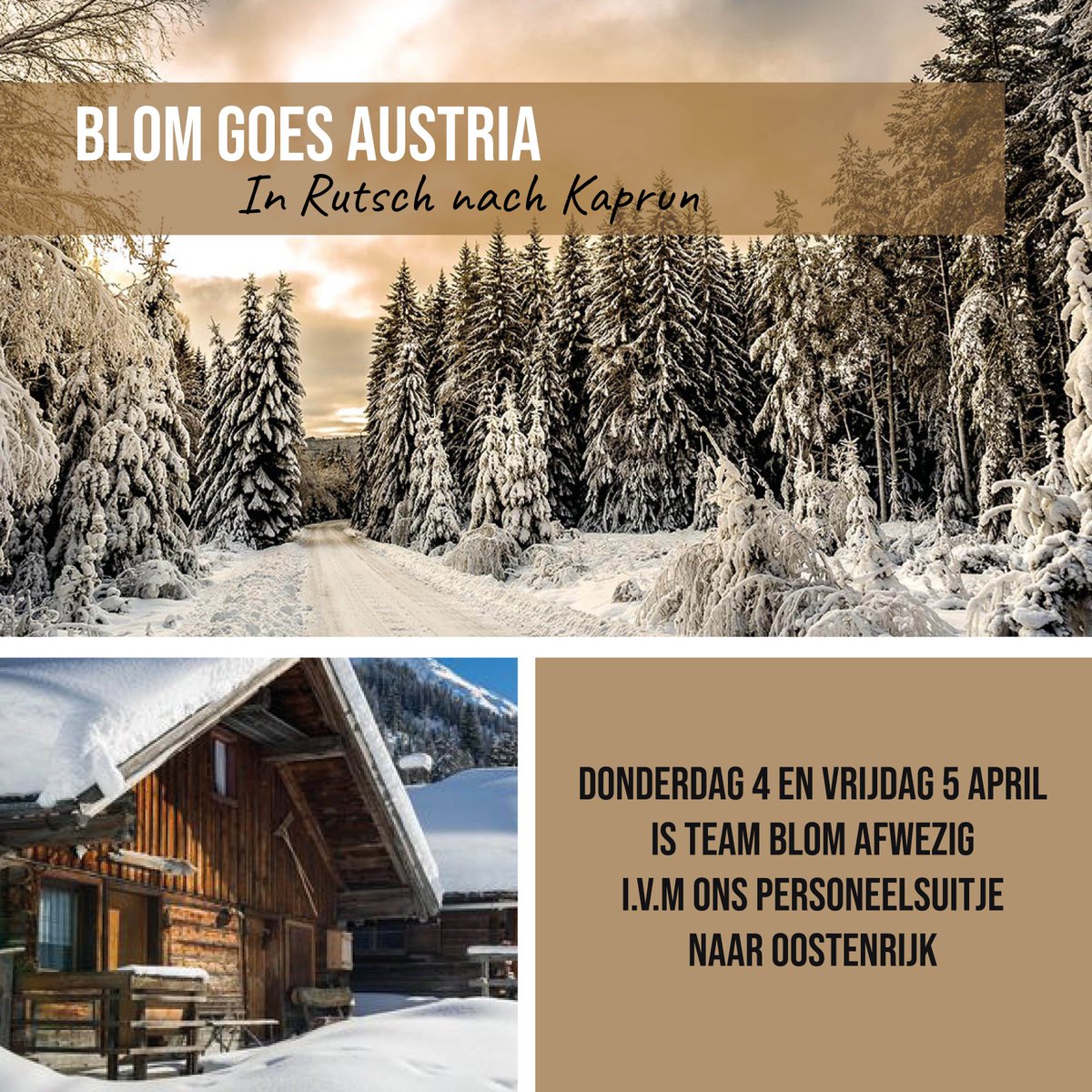 BlomInterieurs's tweet photo. Voor de opening van onze nieuwe showroom in Fürth (#Kaprun), #Oostenrijk vertrekken wij donderdag 4 april met het gehele Blom Team een paar dagen naar de sneeuw. Daarom zijn wij donderdag 4 en vrijdag 5 april niet op kantoor en ook even niet bereikbaar. "In Rutsch nach Kaprun!"⛷ https://t.co/0qveDlThkj