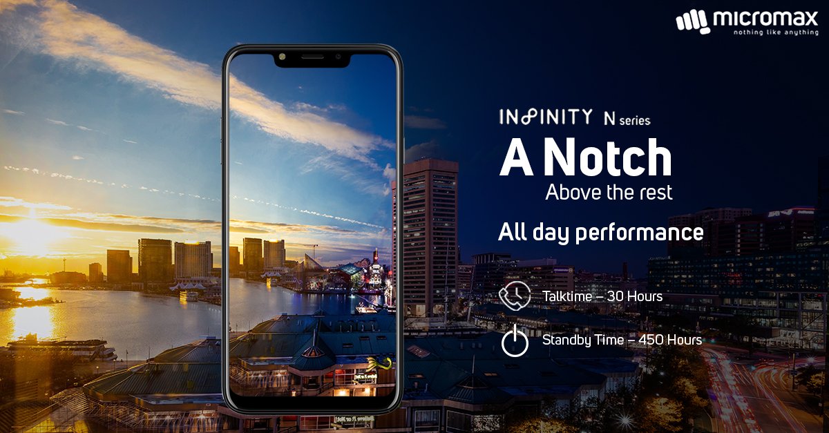 Micromax__India's tweet photo. Long hours of talktime, video streaming or gaming?  #InfinityNSeries takes care of everything with its beast like 4000mAh battery. #NotchAboveTheRest

Buy now @ https://t.co/91E6O6dfaA https://t.co/Qdp2qFUFUQ