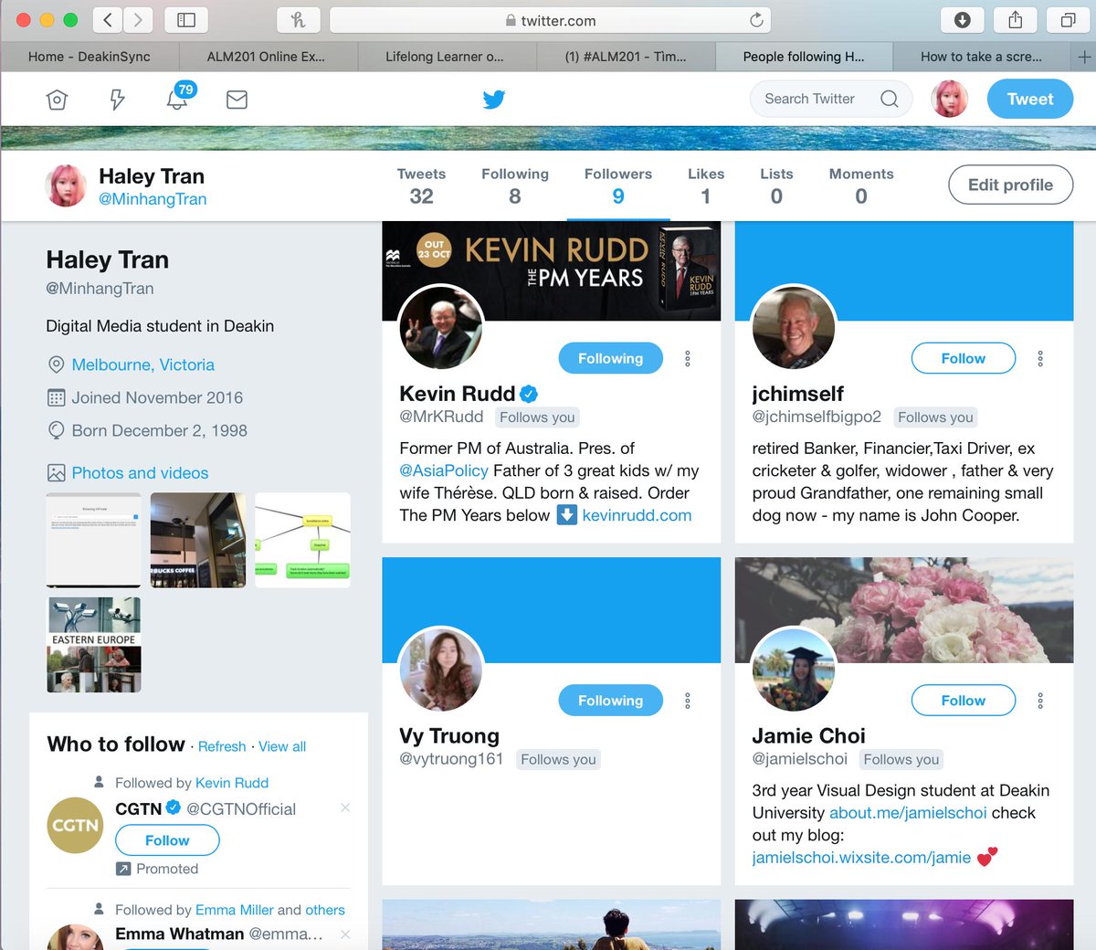 MinhangTran's tweet photo. Only 9 random followers I have, but one of them is @MrKRudd? How is that possible? Was one of his Twitter-control people trip and accidentally click the following button on my account? Am I winning something and the prize is being famous now? #ALM201 https://t.co/eBit6MgiKS
