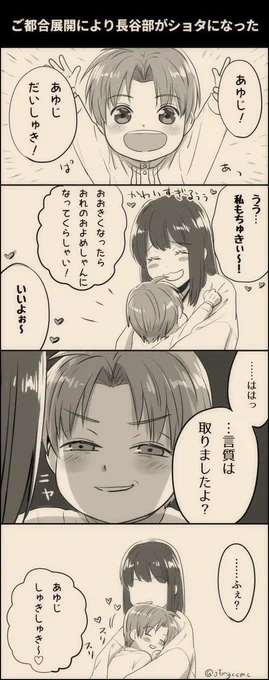【へしさに♀】
※長谷部の幼児化

しょたべ と しょーらい の およめしゃん。

燭台切「主、もう遅いと思うけど中身はあの長谷部くんだから。騙されちゃだめだから」 