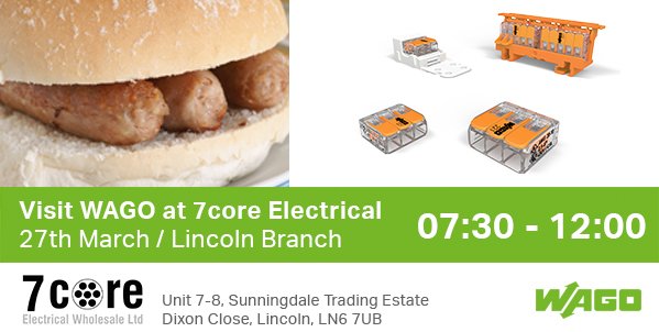 WAGOUK's tweet image. Already up, come see us @7coreelectrical from 7:30am for a free sausage or bacon bap and discuss how @WAGOLimited products can save you time and money. Today from 7:30am - 12 noon! #wago #7coreElectrical #breakfast