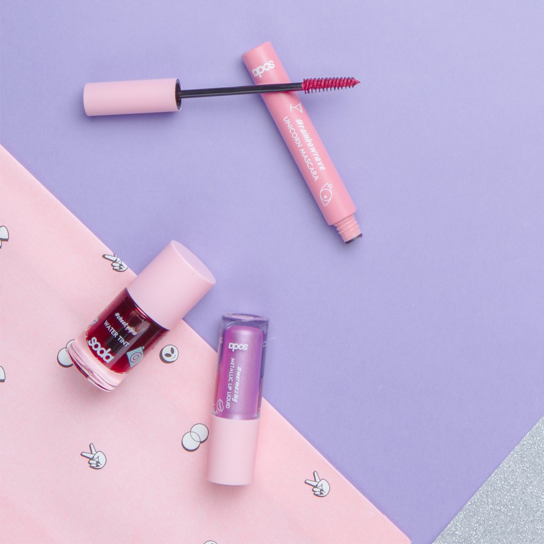 sodamakeup's tweet photo. The #rainbowrave unicorn mascara is our go to mascara to brighten up our day. 🦄🌈 Add some #cheekylips water tint and #mermazing metallic lip liquid in any of the 5 shades to your pretty lips and you are ready to shine bright today! #wearesoda #kindnessismagic https://t.co/ZDalvADoy5