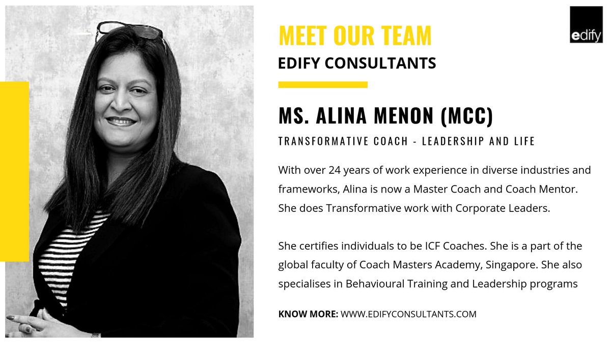 WeAreEdify's tweet photo. #TeamEdify
Alina is a part of the global faculty of Coach Masters Academy, Singapore. She also specializes in Behavioral Training and Leadership programs
To know more, visit our website: https://t.co/jlNC8B4Uzt
#Edify #Learning #Development #Business #Training #ExecutiveCoaching https://t.co/gcTfrO2eZX