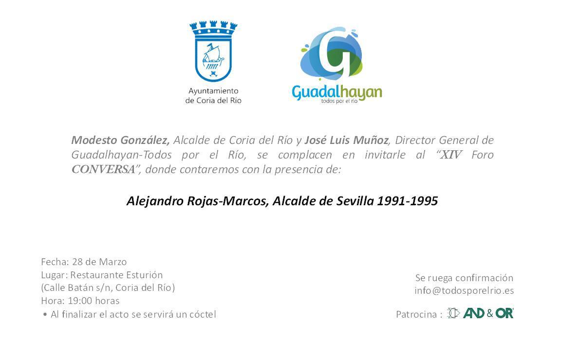 El próximo jueves tendrá lugar el #XIVForoConversa. En esta ocasión nos acompañará Alejandro #RojasMarcos, alcalde de #Sevilla de 1991-95. El #Guadalquivir y el desarrollo de nuestra comarca volverán a ser los ejes centrales del debate. <a href="/La_SER/">Cadena SER</a>