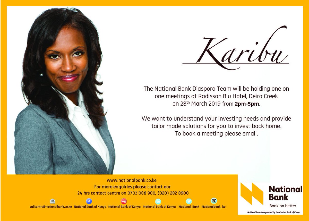 #NBKDiasporaBanking Covering the Distance of Possibilities! For more information please contact diasporabanking@nationalbank.co.ke