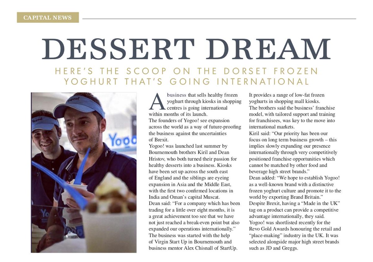 HelloYogoo's tweet photo. We are excited to see Yogoo! Natural Frozen Yogurt’s recent success covered by Capital – Dorset’s Premier Business Magazine! 

Thank you @alexchisnall @MmmThoughtful @weare_woking @WokingShopping @accesspointltd @DianeWhalley @adamaccesspoint for your fantastic support! https://t.co/zcSdRbB4uY