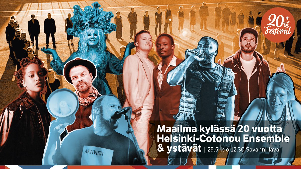 maailmakylassa's tweet photo. Maailma kylässä 20-vuotta juhlakonsertissa festarin lavalle nousevat niin vanhat tutut kuin uudet ystävätkin! Helsinki-Cotonou Ensemblen luotsaamassa spektaakkelissa mukana Paleface, Matre (USA), Anna-Mari Kähärä, Seksikäs Suklaa, Tuure Kilpeläinen, Koiton Laulu, VG+ ja Yeboyah! https://t.co/nOiXFZa4BA