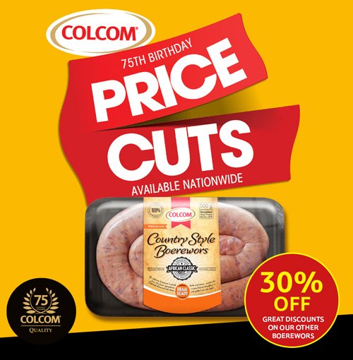 ColcomFoods's tweet photo. HURRY HURRY! The taste of #Countrystyle
#Homestye, #Chakalaka BOEREWORS can be yours at 30% OFF. Grab your favourite from leading retail outlets or any Colcom shop nationwide.
*Promotion ends 30 March. #ColcomPriceCuts https://t.co/OlU1xNbd6a