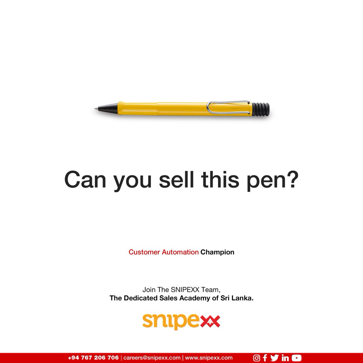 SnipexxSL's tweet photo. We are looking for a performance driven, energetic individual, Who will handle one of the key areas being Customer/Sales Automation Management to join the SNIPEXX team.

Send your CV to careers@snipexx.com

#SNIPEXX #SalesFirst #Sales #Automation #SriLanka https://t.co/p8FUVVDF2F