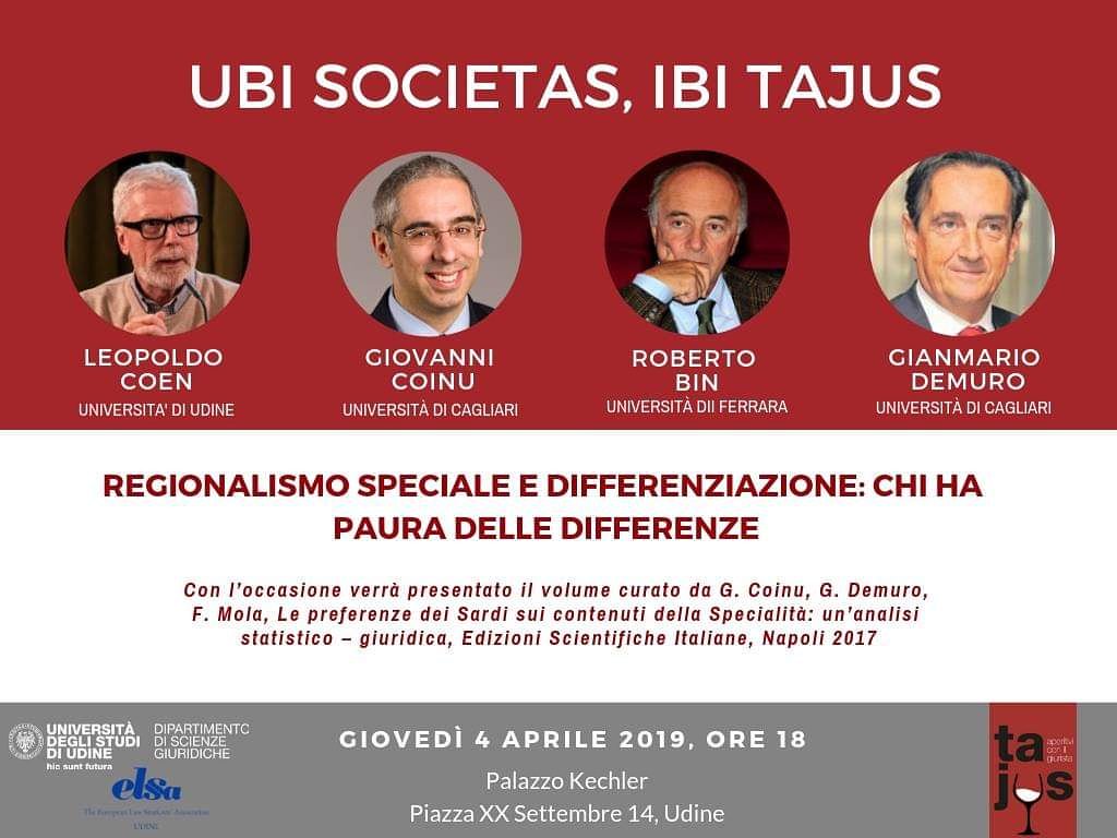 Giovedì 4 aprile saremo lieti di farvi conoscere  esperti come Roberto Bin dell'Università di Ferrara, Giovanni Coinu dell'Università di Cagliari e Gianmario Demuro dell'Università di Cagliari.
Introduce e modera: Leopoldo Coen
#tajus #aperitviconilgiurista #disguniud