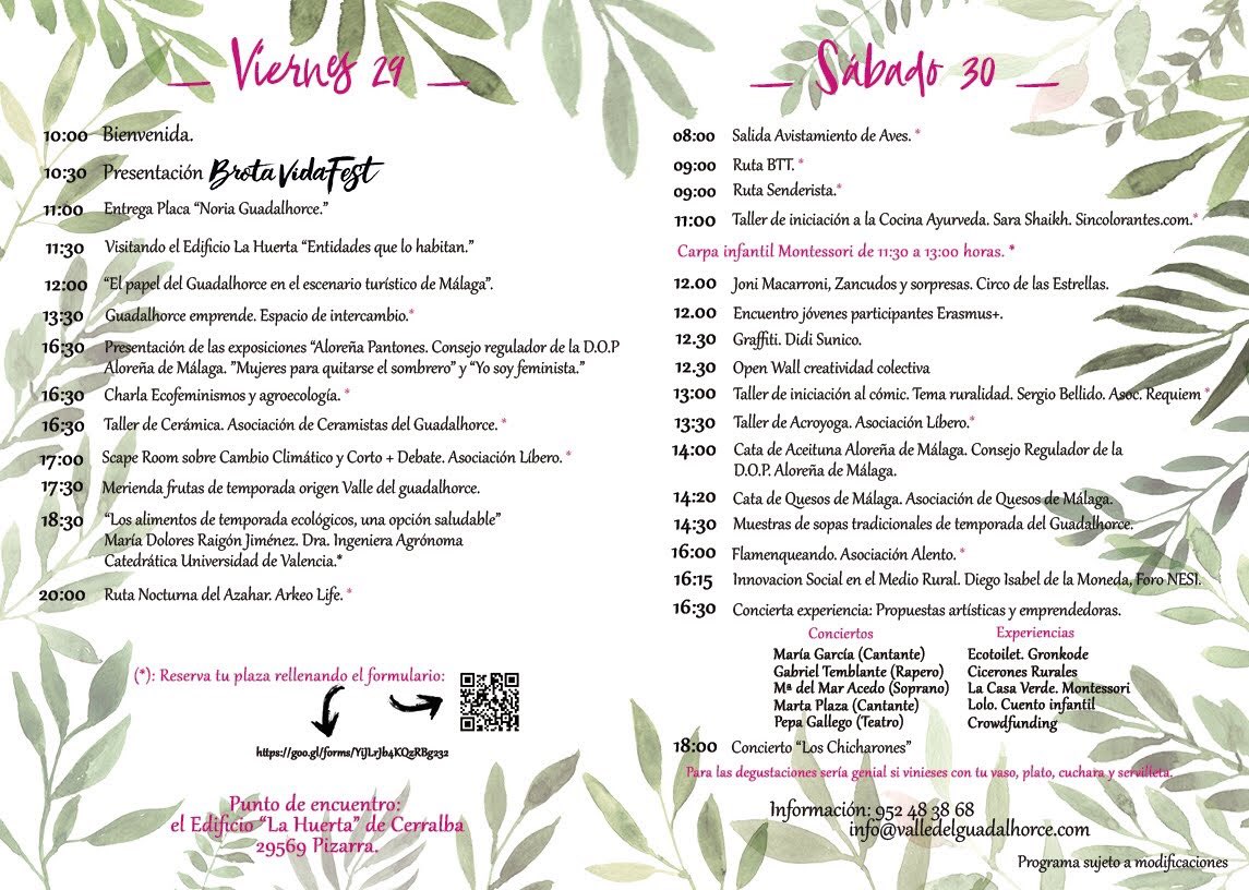 Remealsurdelsur's tweet photo. Brota Vida  Fest , 29 y 30  de Marzo, si estáis interesado en asistir, os dejo el enlace al formulario para inscribirse a las actividades que tienen aforo. @gdrguadalhorce @lanoria_mlg 
https://t.co/FWairs0LKF @diputacionMLG https://t.co/Jt4anTM9zv