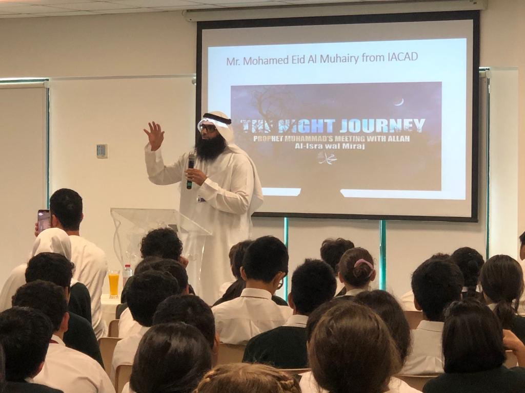 JCD_Arabic's tweet photo. A big thank you to MR Mohamed Eid Al Muhairy from @IACADDUBAI for being our guest speaker in the occasion of “Al Israa & AlMiraaj” @JumeirahCollege . Great speech and interaction with students. #JCDIslamic @KHDA https://t.co/hCJfomY2VF
