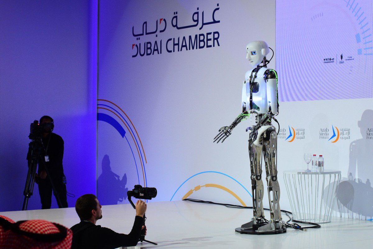 khaleejtimes's tweet photo. Photos: Robot, Mustafa Agha A20-50, future anchor, addresses a session called the 'Future of news anchoring' at the #ArabMediaForum in #Dubai. (Photo by Shihab/Khaleej Times)

#DubaiRobot #Robots #UAE #newsanchor #technology #AI https://t.co/vpOR70EA6E