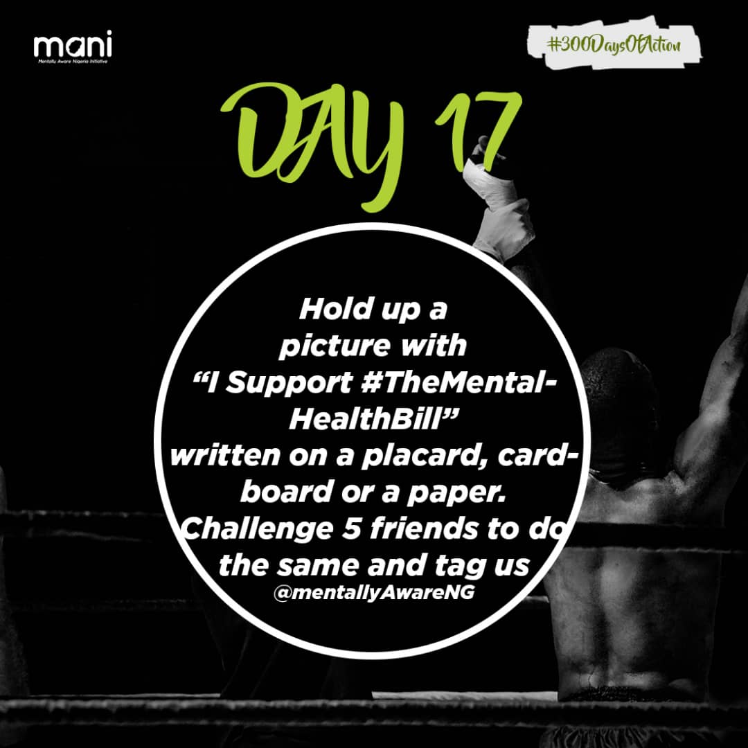 MentallyAwareNG's tweet photo. It's Day 17 of our #300daysofaction and today's challenge is to take a picture with the phrase "I support #TheMentalHealthBill" written on a placard, cardboard, paper, sticky notes or your palm. Remember at MANI, we're pushing for a new #MentalhealthBill to be passed into law. https://t.co/7PpoFwGsuq