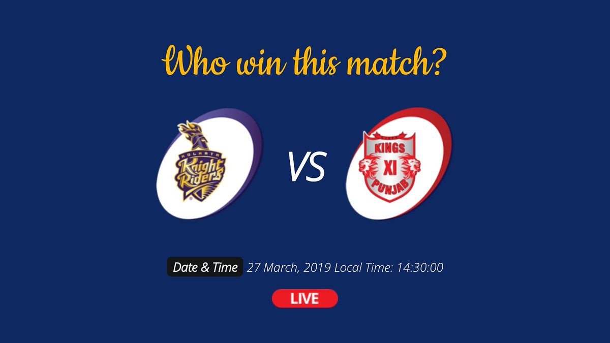 LiveIPLT20app's tweet photo. Match-6: KKR VS KXIP 
27 March, 2019 Local Time: 08:00:00
To get ball by ball update, please download app https://t.co/RpnHpMWMHl 

#IPL2019 #IPL12 #KKR_Match #KXIP_Match https://t.co/K7NCSdcntN