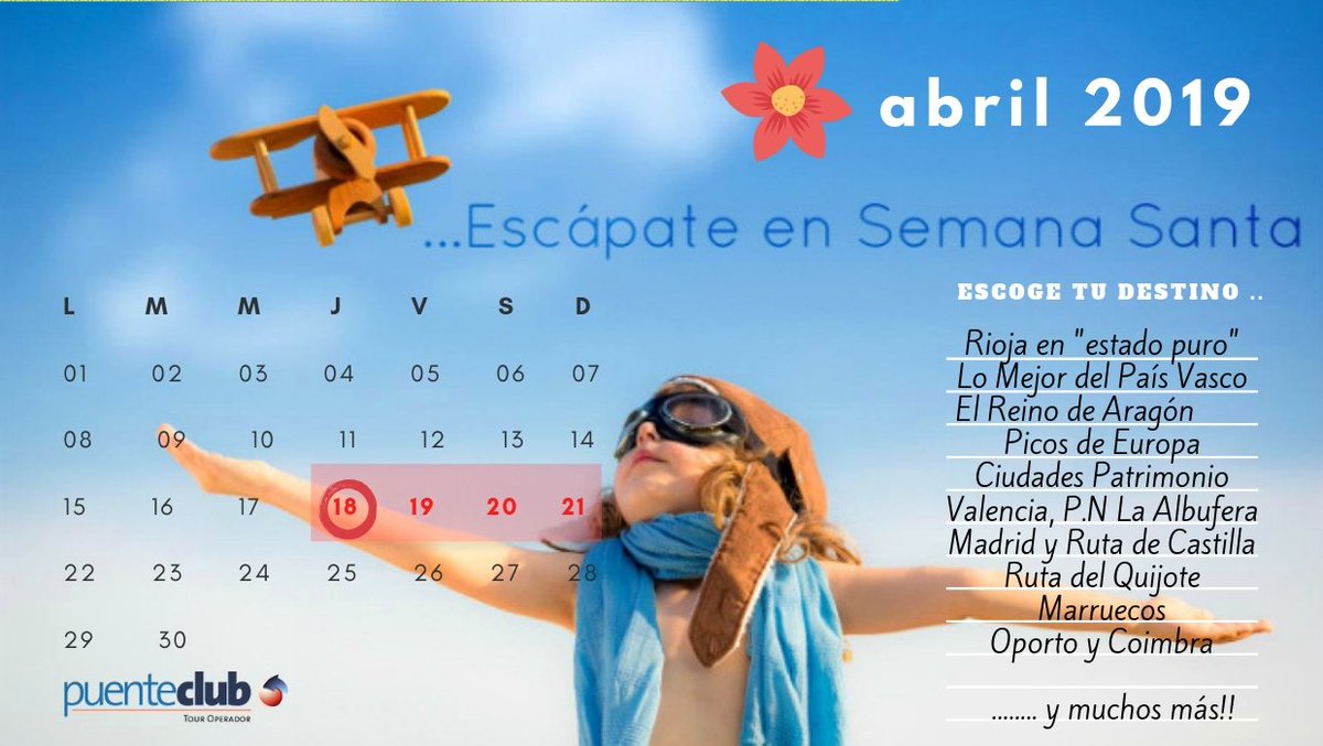 puenteclubSA's tweet photo. ¡Elige tus vacaciones de #SemanaSanta!
Del 18 al 21 abril
Más info: https://t.co/9uVOBBTCF3
#viajarconpuenteclub #travel #viajar #FelizMiercoles https://t.co/ZS5GkXDe3n