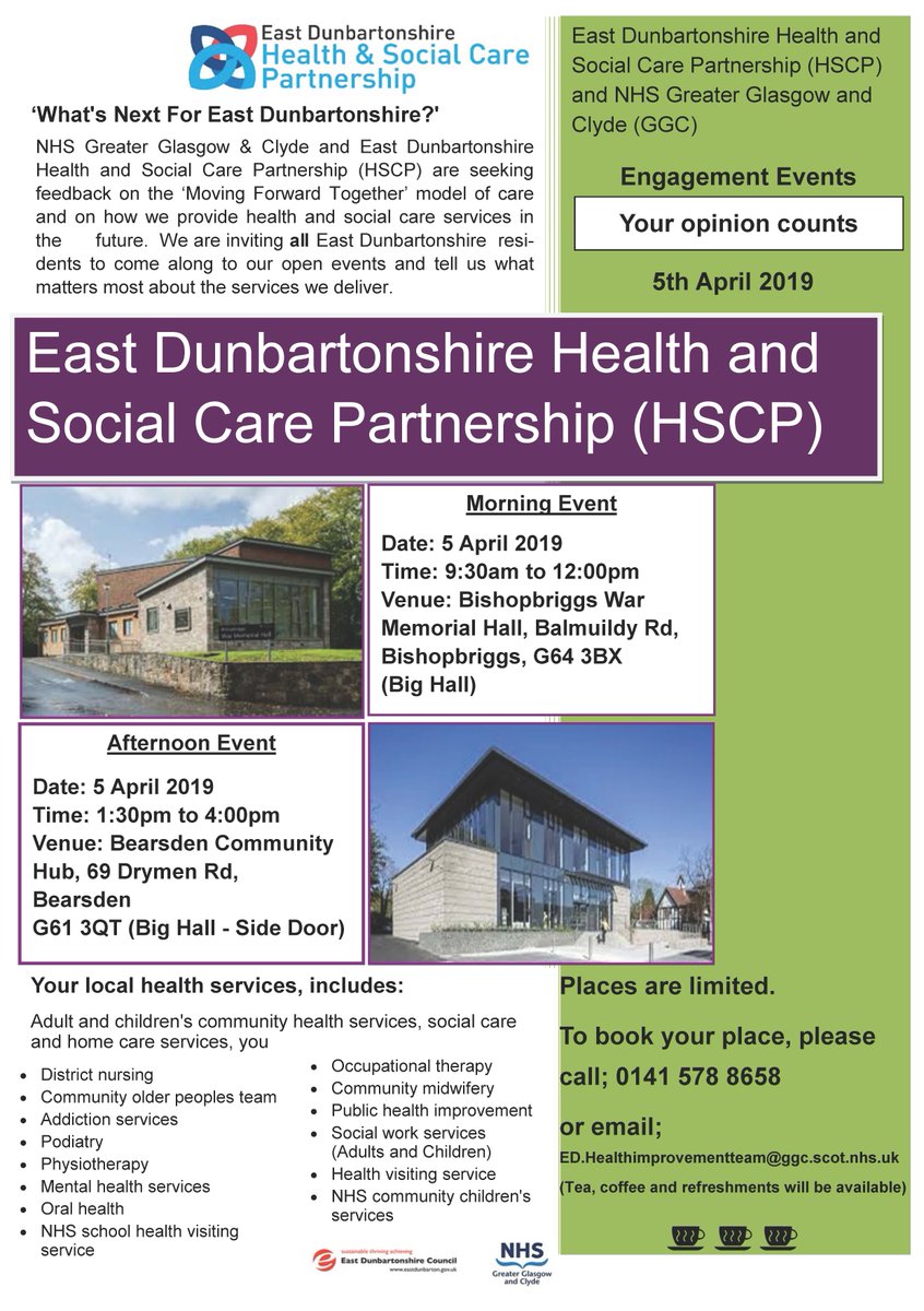 EDCouncil's tweet photo. #EastDunHSCP have been working with @NHSGGC &amp; @MFTGGC to transform health &amp; social care services for the future. Come and tell us what matters to you at our engagements events on 5th April - Bishopbriggs (AM) or Bearsden (PM). To register, please visit  https://t.co/FntLLREcxo https://t.co/OpPVaK0HpT