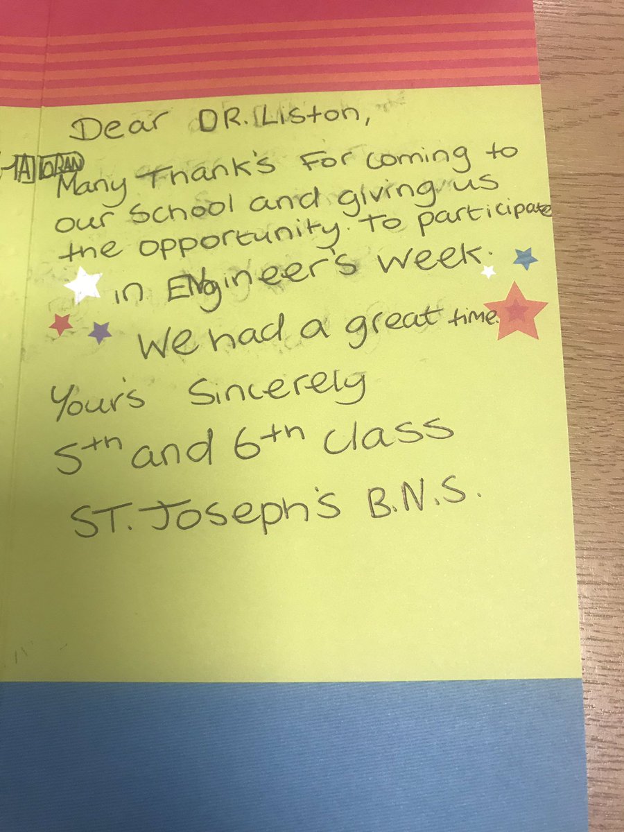 ListonMaeve's tweet photo. When you get a lovely card like this we know we are having an impact #STEM @MICLimerick @STEM_MIC @Irishaporg #engineersWeek2019 @EngineerIreland @roseanneoleary @skillsmidwest @VoteTomNeville @scienceirel @PDSTPrimarySTEM @mitchelloconnor @merrionstreet @hea_irl @President_MIC https://t.co/5zkpqicX4c