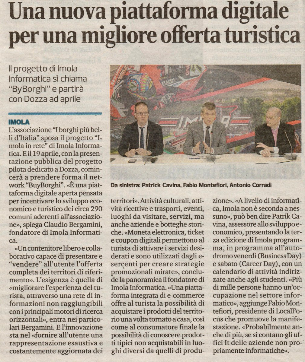 Fare innovazione tra turismo&amp;piattaforme digitali. 
Ecco l’ultima scommessa di Imola Informatica insieme all’associazione “I borghi più belli d’Italia”.
Si parte ad Aprile. Si parte da Dozza. Si prosegue con Brisighella. 
Sarà l’Emilia-Romagna, l'apripista del turismo 4.0.