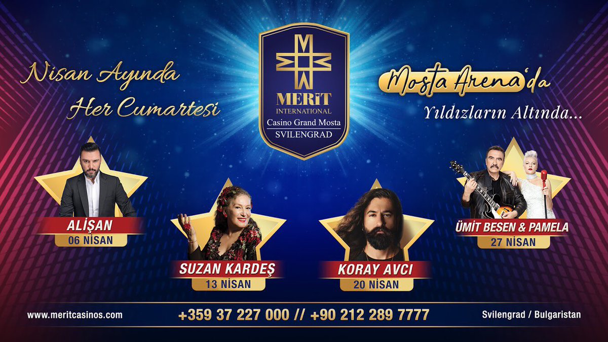 meritgrandmosta's tweet photo. Nisan Ayı #Casino @meritgrandmosta #MostaArena Konserlerimiz; 🎤🌱💕🍃
6 Nisan Alişan
13 Nisan Suzan Kardeş
20 Nisan Koray Avcı
27 Nisan Ümit Besen & Pamela
#meritinternational #meritcasinos #svilengrad #bulgaristan https://t.co/ROID4e8aVe