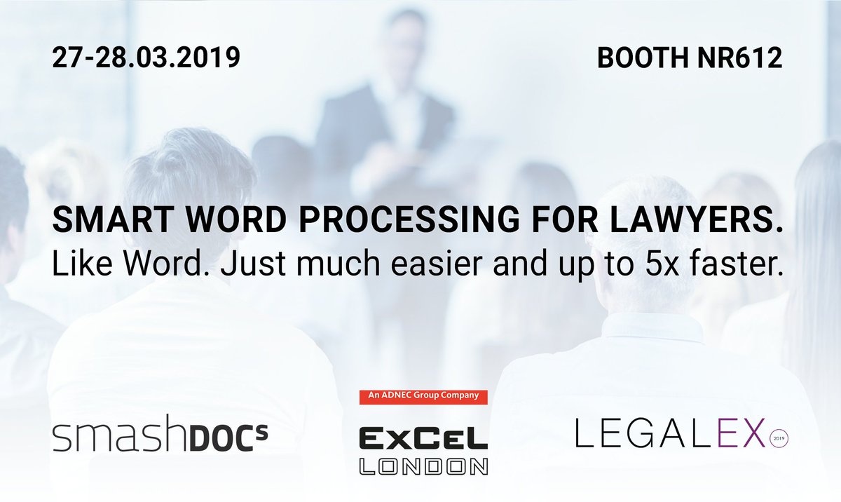 smashdocs's tweet image. Today at #Legalex 2019 - Swing by at our booth №612
SMASHDOCs CEO Christian Marchsriter will present smart collaborative work processing for law firms and in-house legal departments.
#SmashDocs