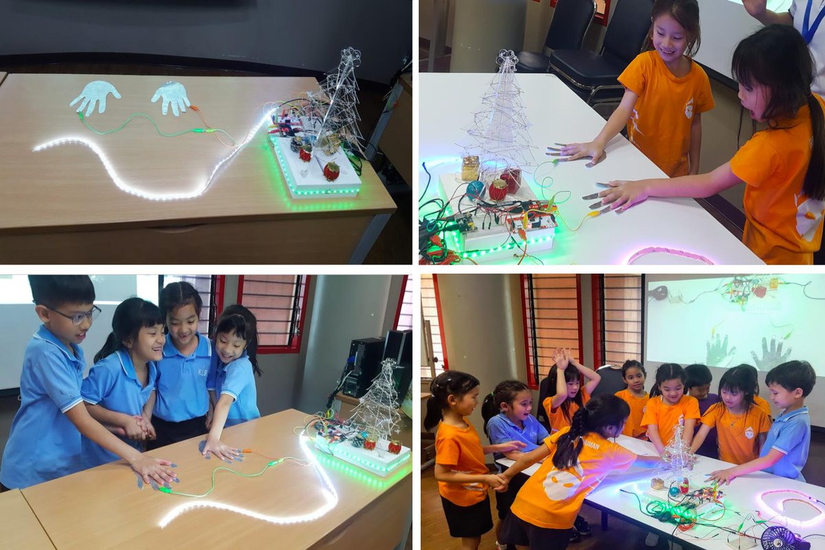 G1 @KISbangkok explored concepts of close/open circuit with @makeymakey. By holding their hands together, the light would remain lit up and the song would keep playing. If any hand was removed, the circuit wouldn't work anymore.@TimeTechToday #PhysicalComputing #KISBangkokICT