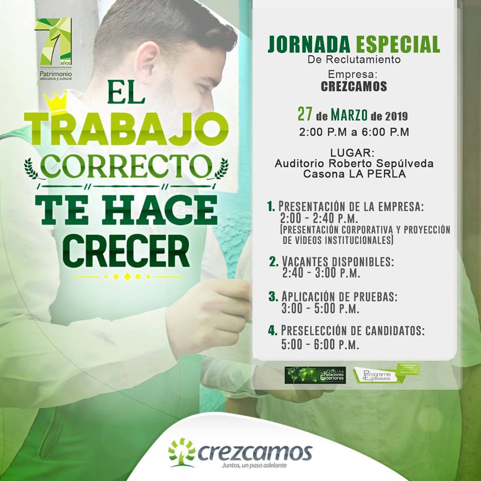 La Oficina de Relaciones Exteriores y el Programa Institucional de Egresados, te invita a participar de la jornada de reclutamiento con la empresa Crezcamos.
👉👉El cargo ofertado por la empresa es: Profesional de inclusión financiera agropecuaria.