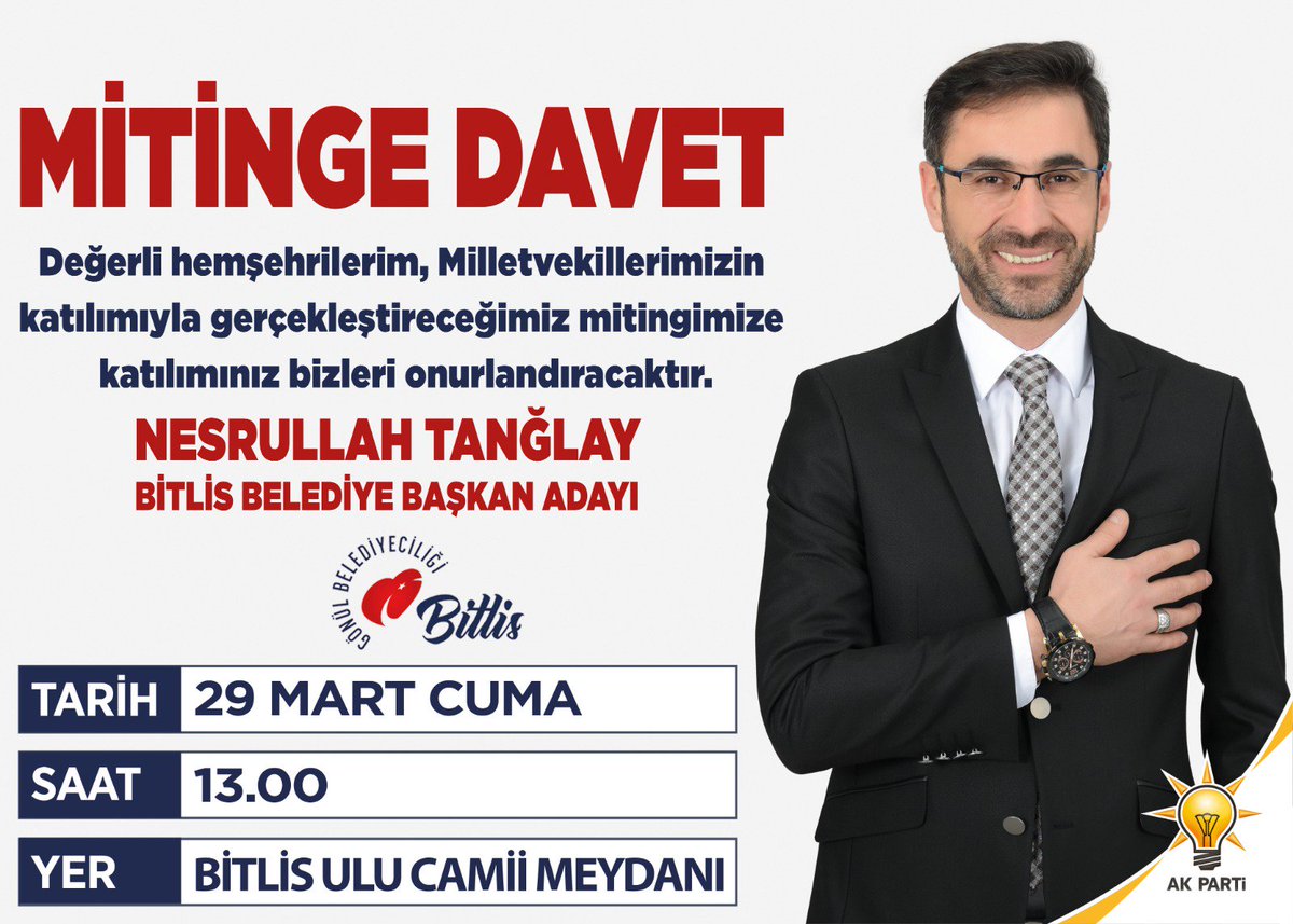 Milletvekillerimizin katılımlarıyla gerçekleştireceğimiz Mitingimize katılımınız bizleri onurlandıracaktır. 

Tüm halkımız davetlidir. #VakitBirlikVakti

🗓 29 Mart Cuma
🕑 13.00
📍  Bitlis Ulu Camii Meydanı