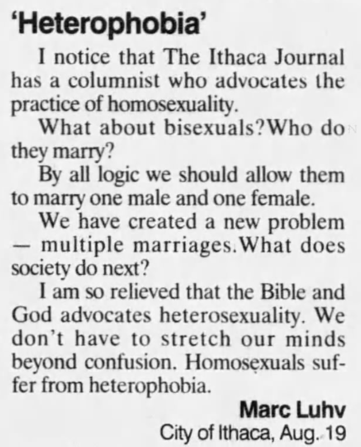 The Ithica Journal (Ithica, NY) 1996-08-24"Homosexuals suffer from heterophobia."