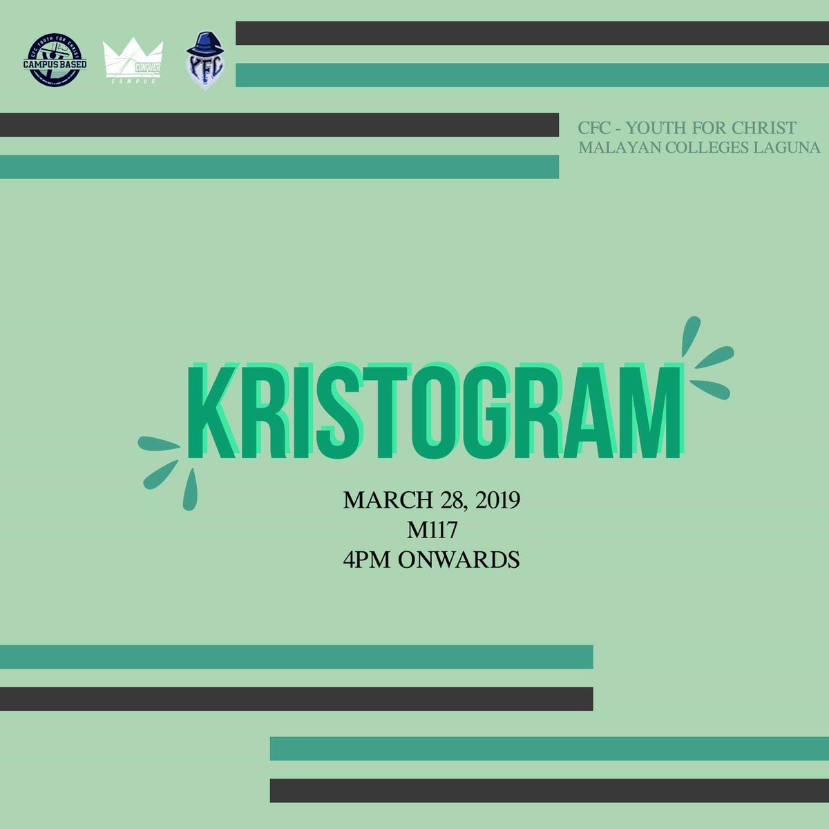 cfcyfc_mcl's tweet photo. "He said to them, ‘Go into all the world and preach the gospel to every creature." Mark 16:15

Join us in our Campus Tour's activity: KRISTOGRAM tomorrow (March 28) at M117 (4pm onwards) and learn how to spread the Lord's message through social media! 

#OneYFCMCL
#ConquerCampus https://t.co/qYDVYylYNc