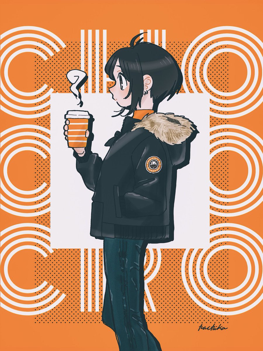1girl solo black hair cup pants jacket short hair  illustration images