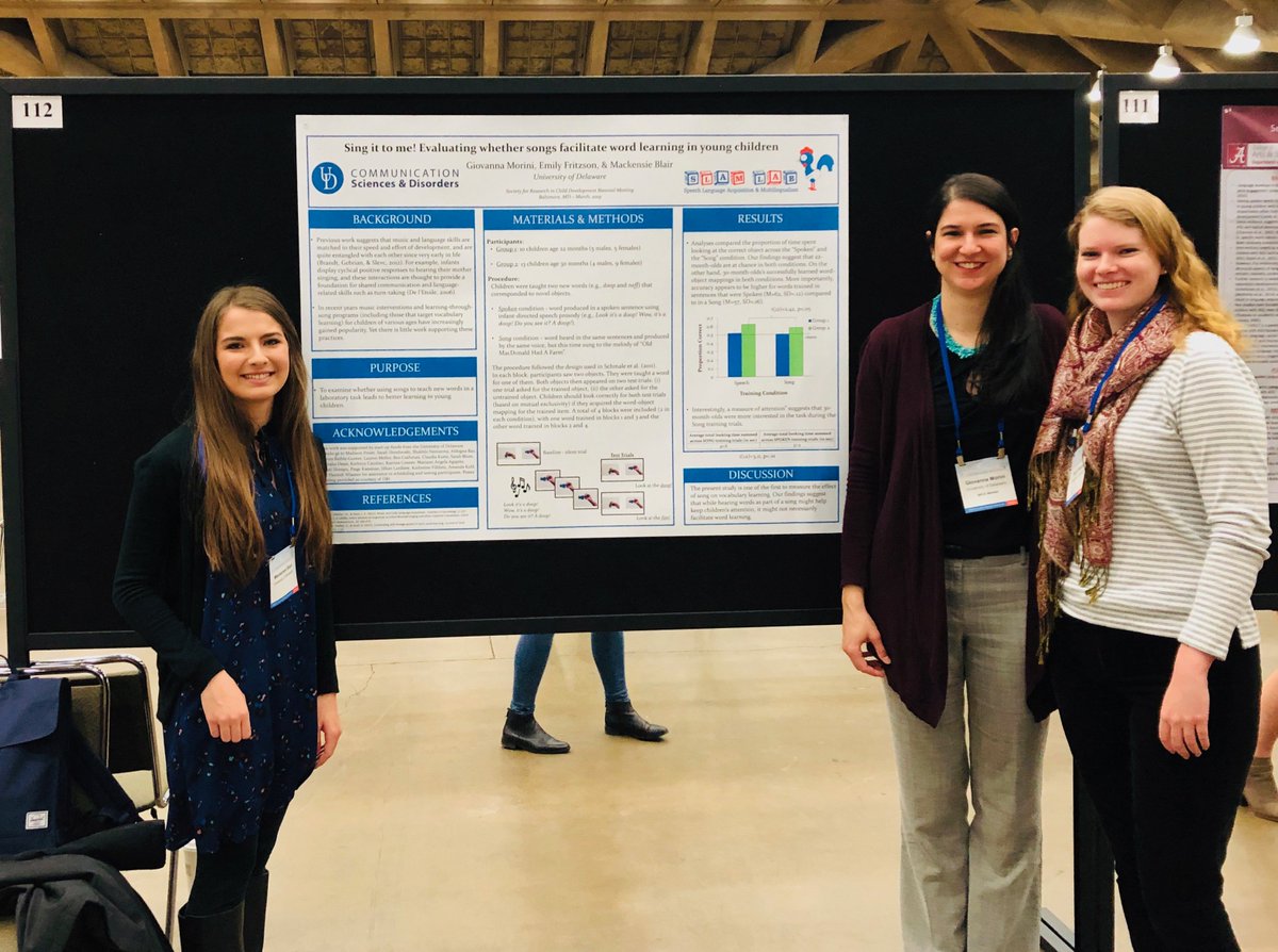 Dr. Morini, Emily Fritzson, and Mackensie Blair presented current findings from our Word Learning in Song study at the Society for Research on Child Development in Baltimore this past weekend. Thank you to all the families and children who make this research possible!
